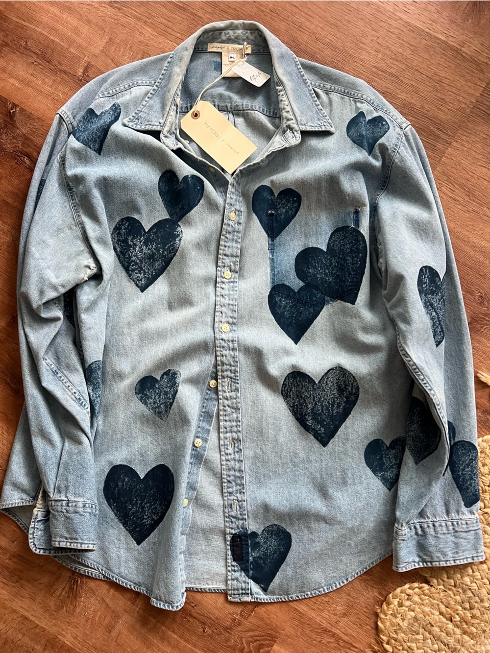 Free People X Tricia Fix Heart Denim Shirt Size M/L NWT RT $148